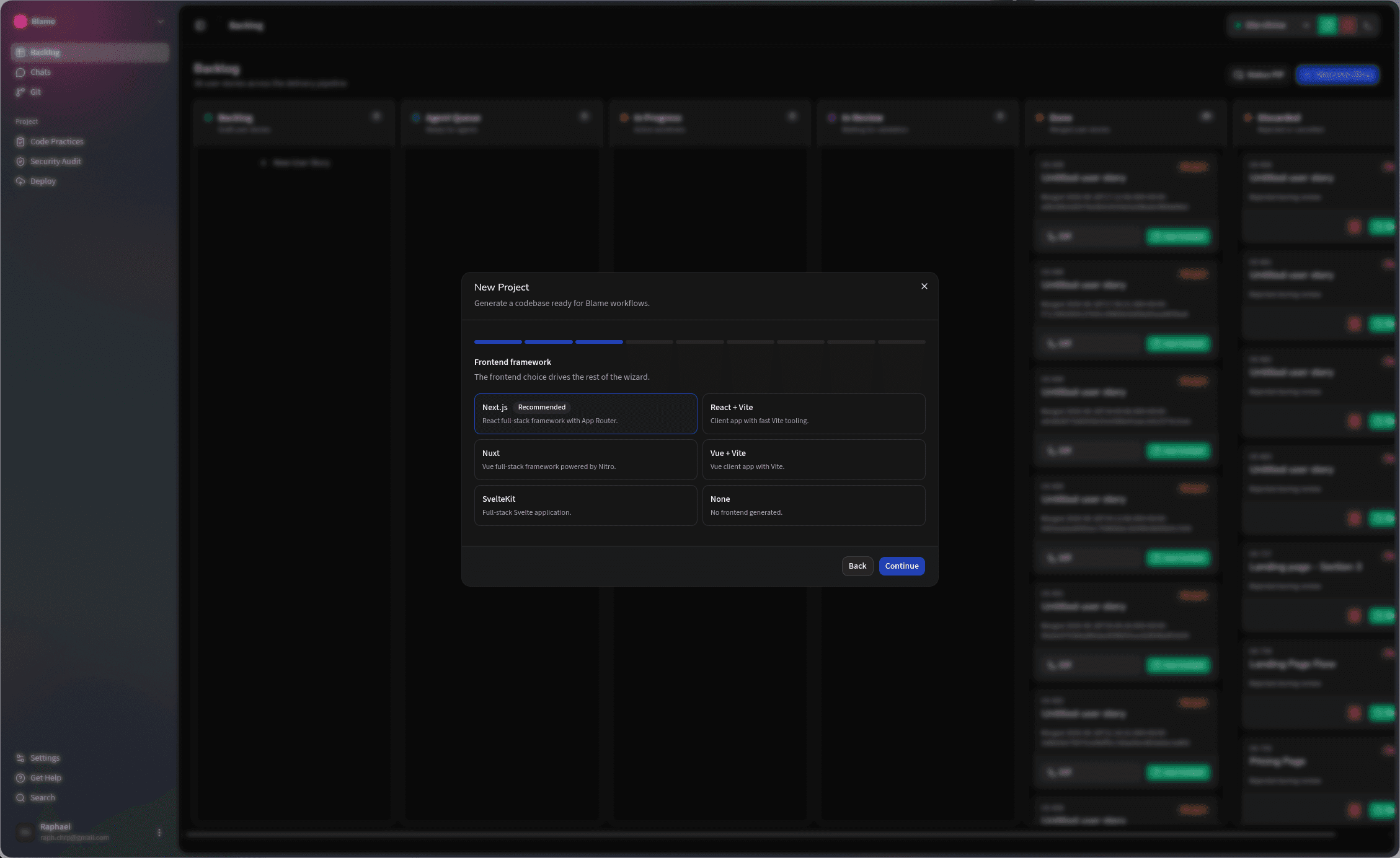 Blame guided project creation interface