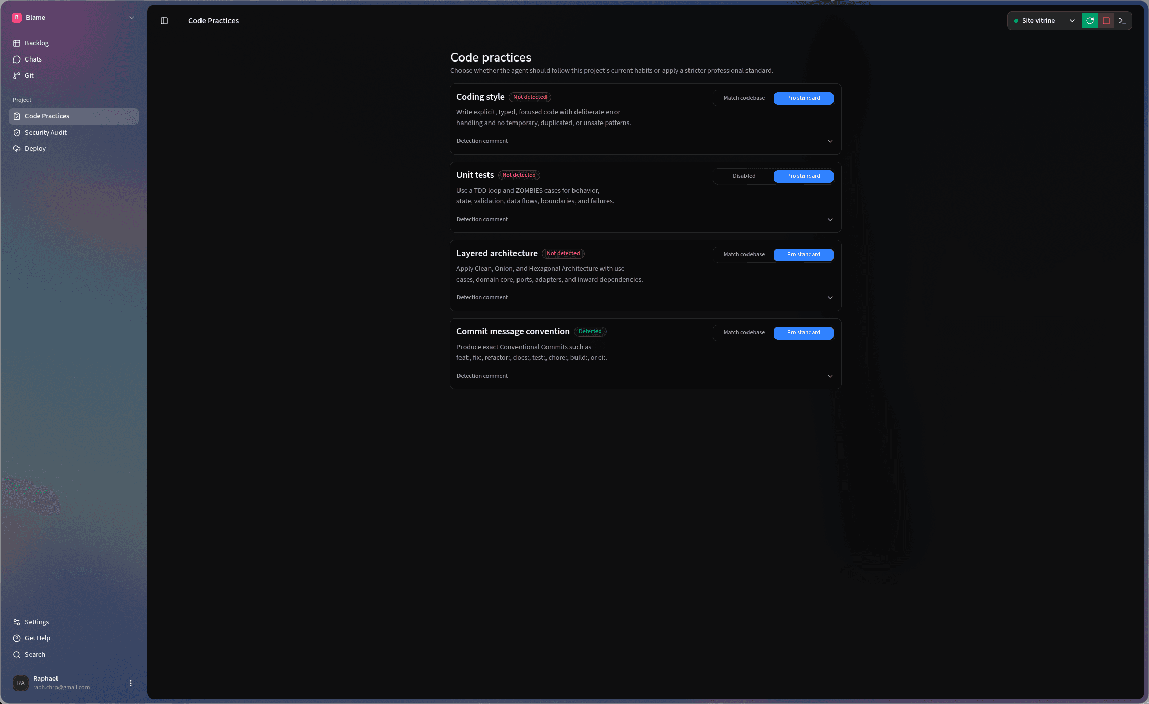 Blame code practices interface